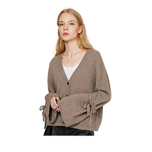 PK18A72HX Women 100% Cashmere Cardigan Sweater Oversized Lace-Up Bell Sleeve Cardigan